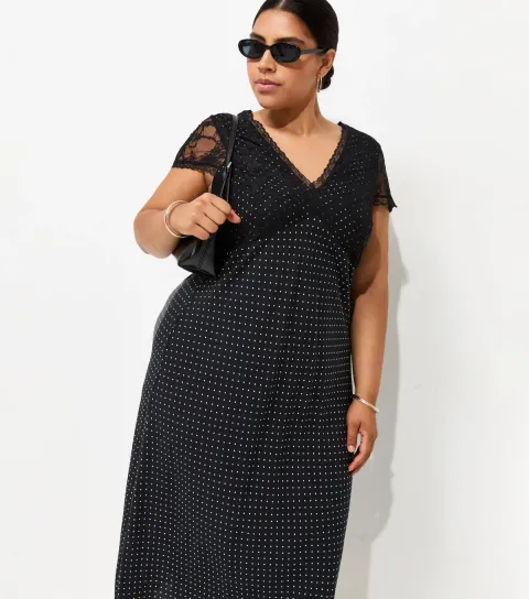 Women's Plus Size Black Spot Print Lace Bust Midi Dress Curves