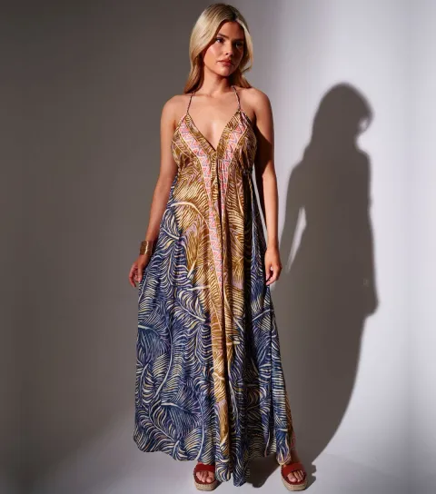 Women's Brown Leaf Print Halterneck Maxi Dress