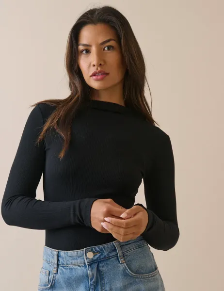 Ribbed High Neck Fitted Long Sleeve Top Black
