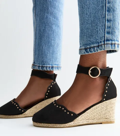 Women's Wide Fit Black Faux Suede Studded Scallop Trim Espadrille Wedges Vegan