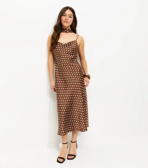 Women's Petite Brown Polka Dot Scarf Trim Satin Midi Dress