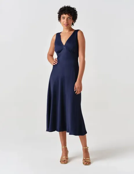 Ghost Satin V-Neck Tie Back Midi Tea Dress Navy