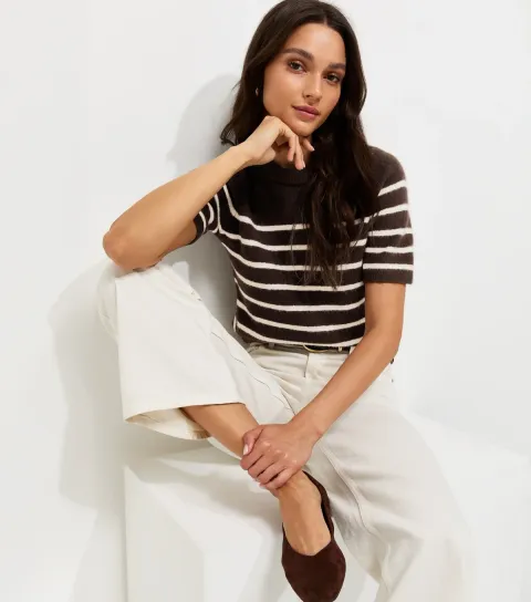 New Look Women's Brown Knitted Horizontal Stripe Set In Sleeve T-Shirt