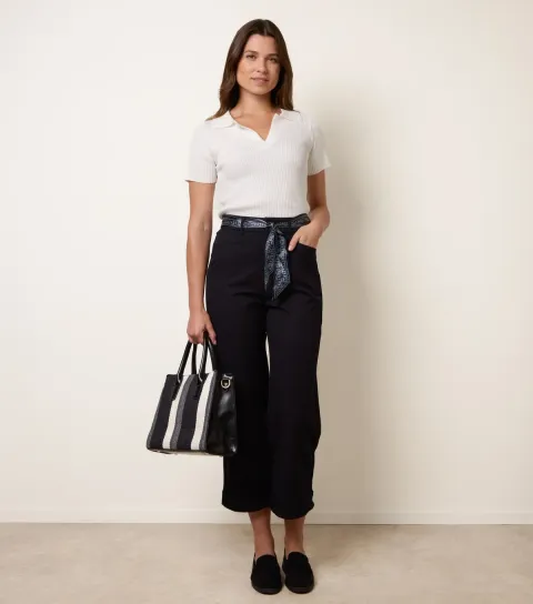 Women's Navy Cropped Scarf Belt Trousers