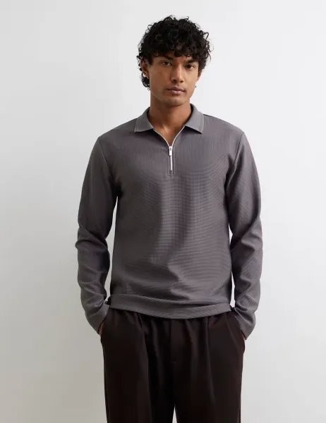 Textured Zip Up Long Sleeve Polo Shirt Dark Grey