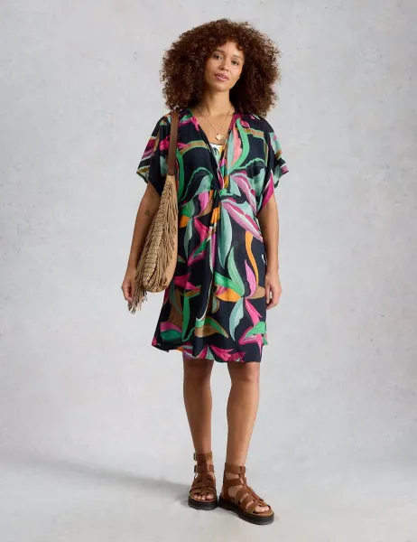 White Stuff Printed Cover Up Mini Kimono Beach Dress Black Mix
