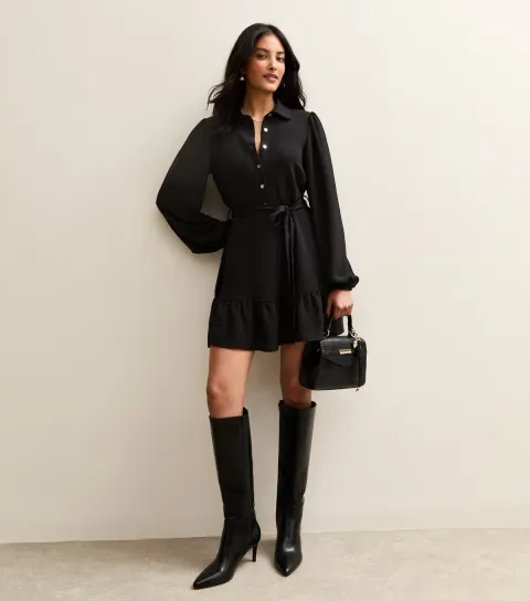 Women's Black Belted Long Sleeve Mini Dress