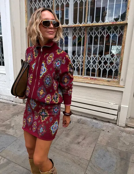 Never Fully Dressed Printed Zip Up V Neck Relaxed Cardigan Red Mix