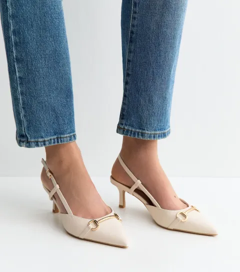Women's Off White Faux Leather Chain Slingback Court Shoes Vegan