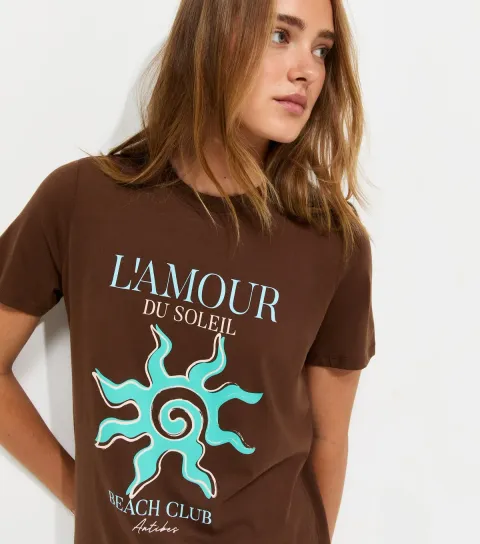 Women's Dark Brown Cotton Sun Print Crew Neck T-Shirt
