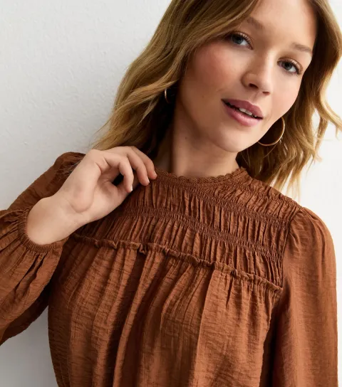 Women's Dark Brown Shirred Crew Neck Blouse