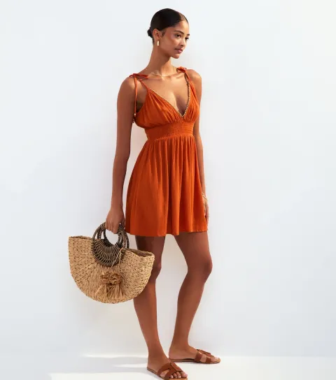 Women's Orange Tie Strap Bead Trim Mini Cover Up Dress