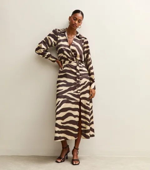Women's Brown Zebra Print Satin Wrap Midi Dress