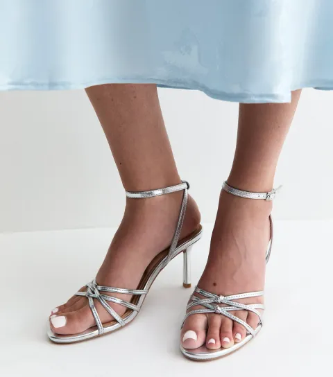 New Look Women's Silver Faux Leather Knot Strappy Stiletto Sandals Vegan
