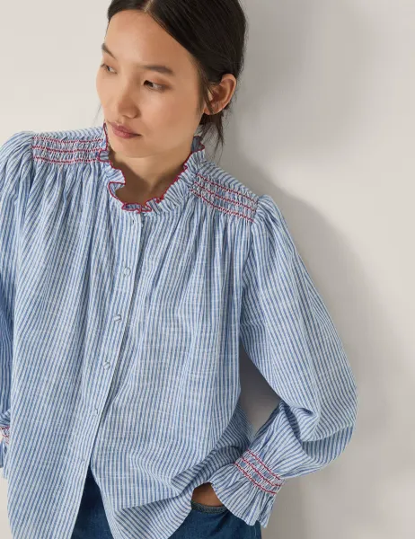 Monsoon Pure Cotton Striped Frill Neck Shirt Blue