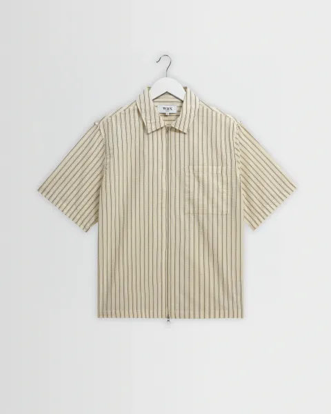 Sears - Natural and Navy Stripe Seersucker Zip Short-Sleeve Shirt