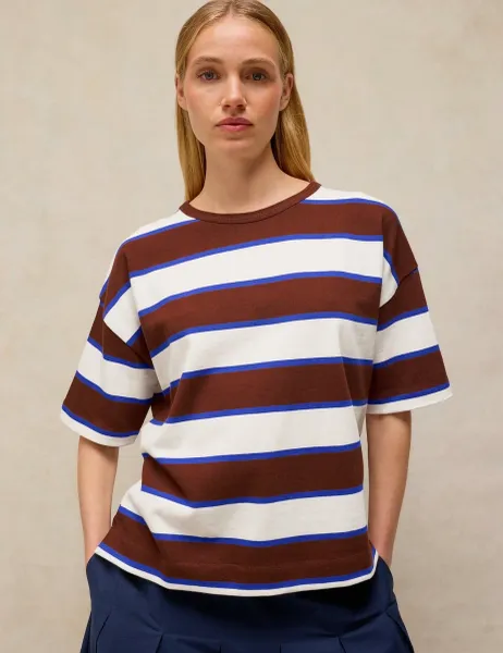 White Stuff Pure Cotton Striped Midweight T-Shirt Brown Mix