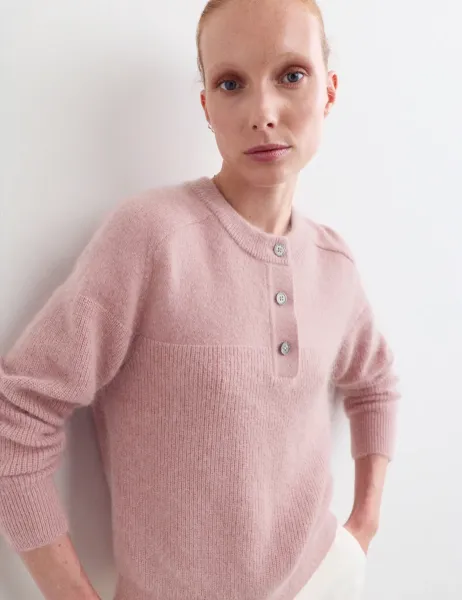 Jaeger Wool Blend Crew Neck Button Detail Jumper Lilac