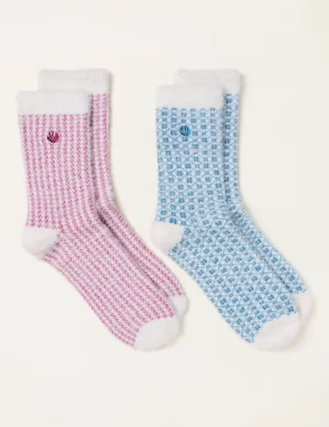 FatFace 2 Pack Geometric Fluffy Socks Blue Mix
