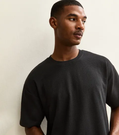 Men's Black Oversized Waffle Texture T-Shirt