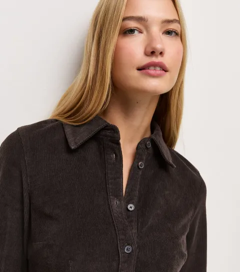 New Look Women's Dark Brown Cotton Rich Corduroy Fitted Shirt