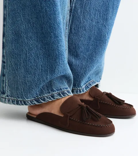 Women's Brown Faux Suede Flat Tassel Loafer Mules Vegan