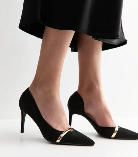 Women's Black Faux Suede Metallic Strap D'Orsay Pumps Vegan