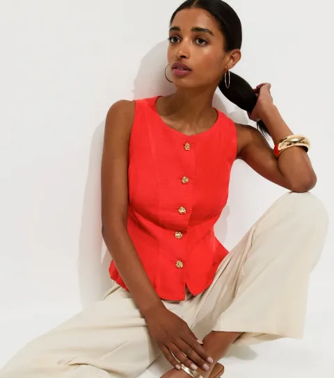 Women's Bright Red Linen Rich Gold Tone Button Waistcoat