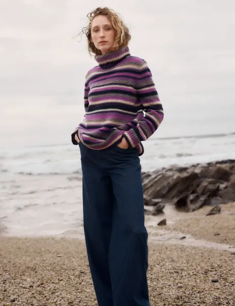 Seasalt Cornwall Wool Rich Striped Roll Neck A Line Jumper Purple Mix