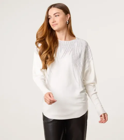 Women's Off White Diamante Embellished Batwing Sleeve Jumper