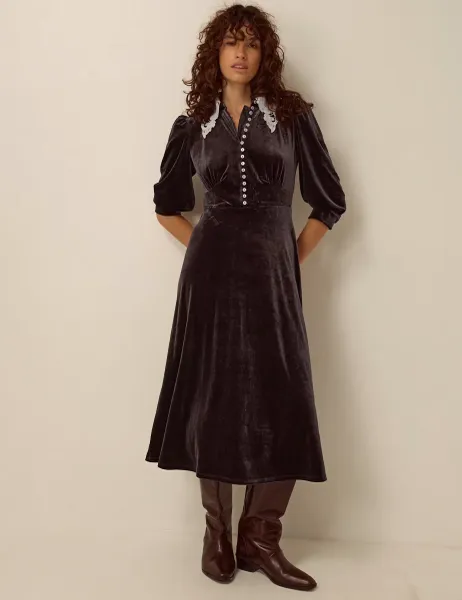 Monsoon Velvet Lace Collar Midi Dress Chocolate