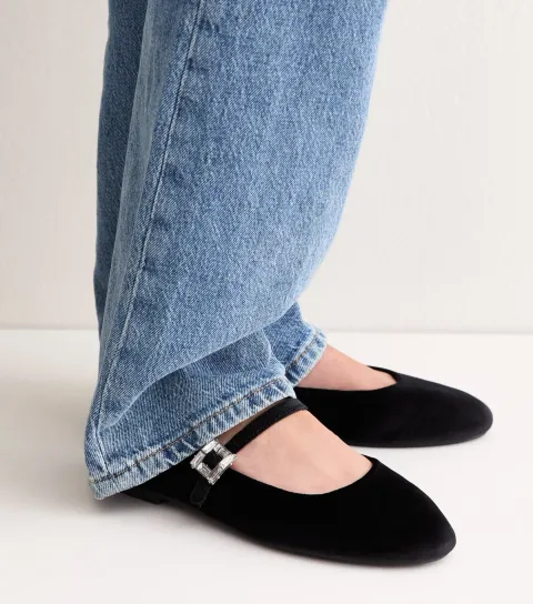 New Look Women's Black Velvet Bling Buckle Mary Jane Ballet Flats Vegan