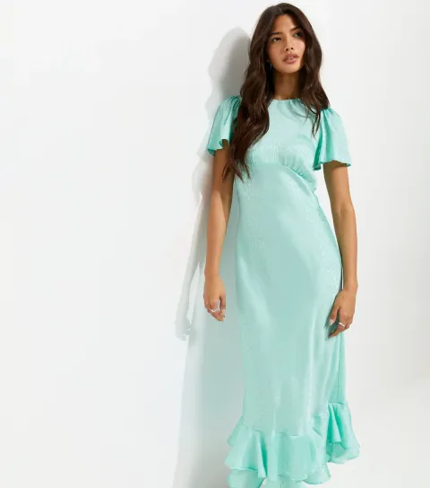 Women's Light Blue Satin Ruffled Hem Midi Dress