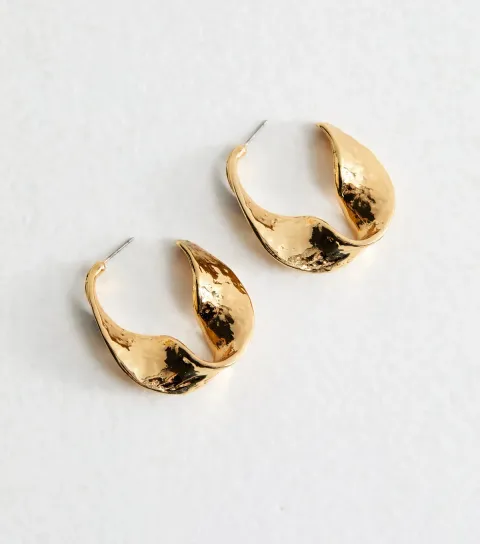 Gold Tone Large Chunky Hammered Wavy Hoop Earrings