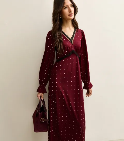 Women's Red Polka Dot Lace Neck Midi Dress
