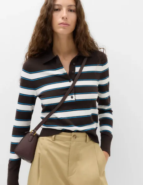 Marks & Spencer Collared Striped Slim Jumper with Wool Bitter Chocolate