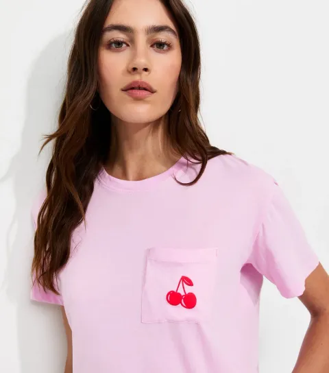 Women's Light Pink Cotton Cherry Pocket Oversized T-Shirt