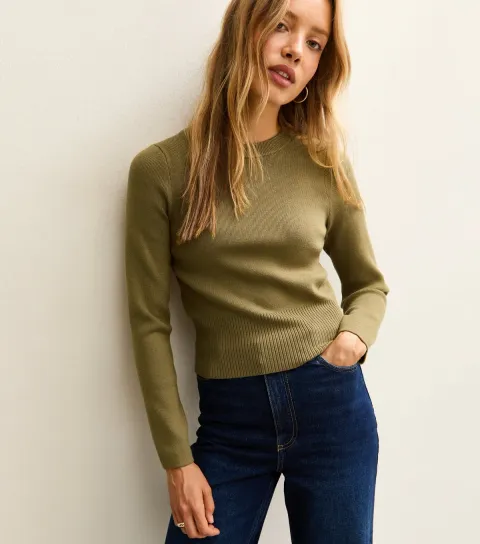 Women's Green Ribbed Knit Crew Neck Jumper