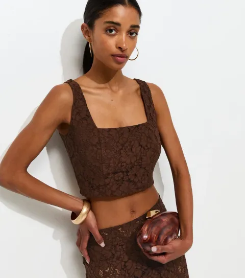 Women's Dark Brown Lace Square Neck Crop Top