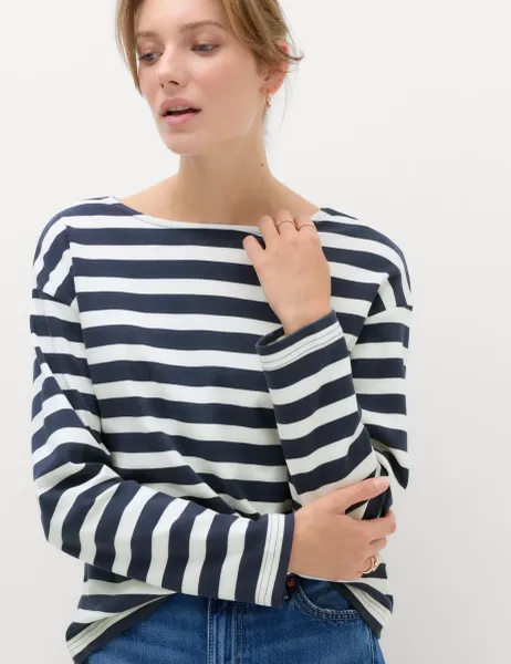 Marks & Spencer Pure Cotton Striped Crew Neck T-Shirt Black Mix
