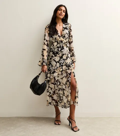 Women's Black Floral Chiffon Ruffle Trimmed Midi Dress