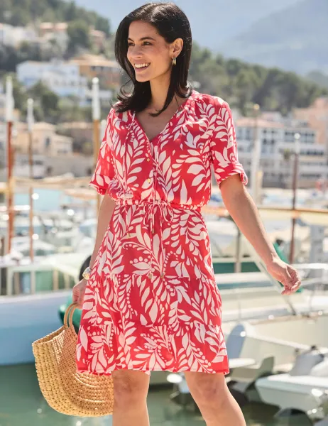 SOSANDAR Printed Tie Waist Knee Length Tiered Dress Pink Mix