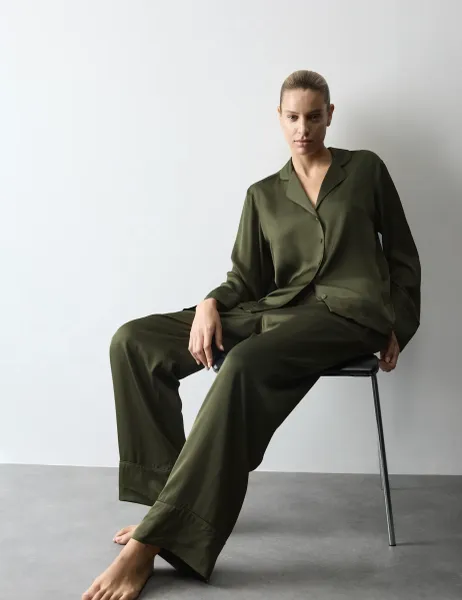 Premium Satin Revere Pyjama Set Dark Khaki