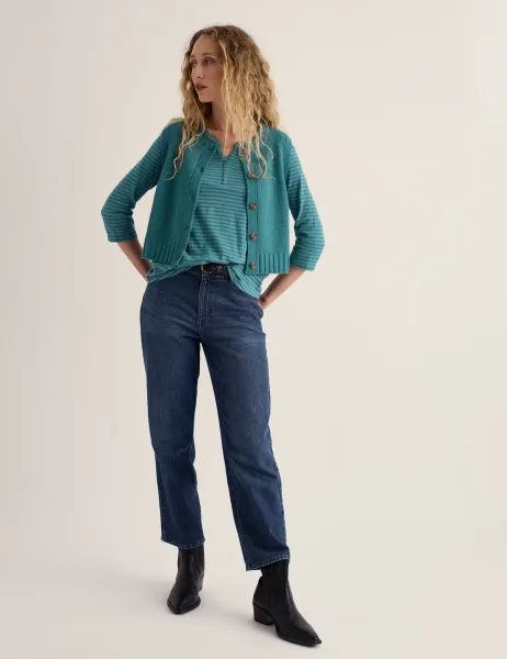 Seasalt Cornwall Pure Cotton Striped Notch Neck Top Teal Mix