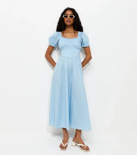 Women's Light Blue Lace Trim Milkmaid Midi Dress