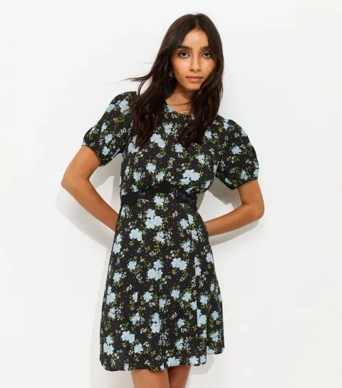 Women's Black Floral Print Lace Trim Mini Dress