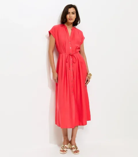 New Look Women's Dark Coral Toggle Shirt Midi Dress
