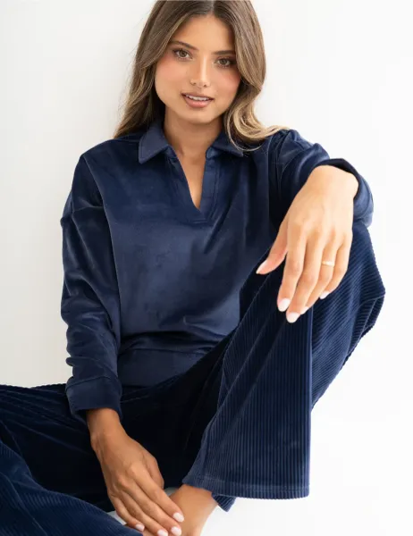 Pour Moi Cosy Fleece Ribbed Leg Pyjama Set Navy