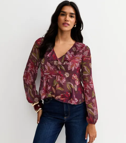 Women's Dark Pink Floral Chiffon Tea Blouse
