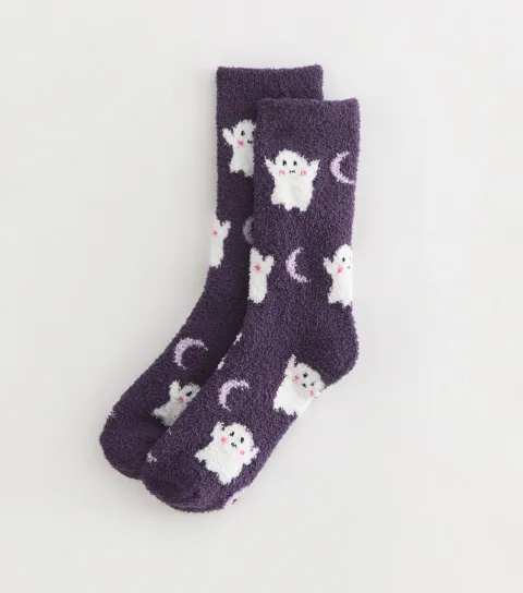 Purple Ghost Crescent Moon Halloween Cosy Knit Ankle Socks